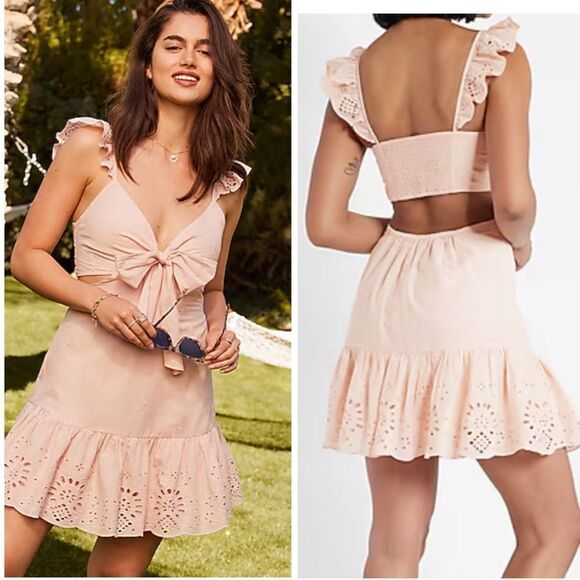 NWT Express Eyelet Embroidered Tie Front Cutout Dress Pink- Size Medium - Picture 1 of 7